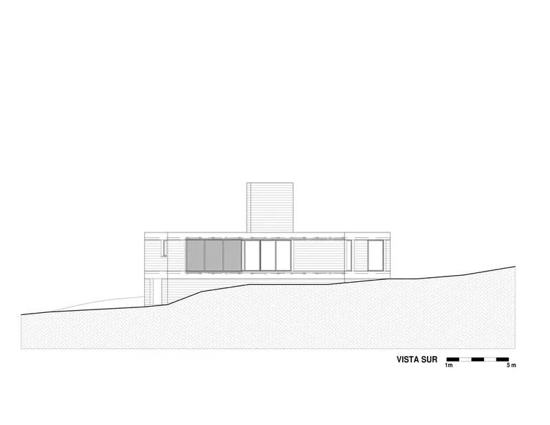 South elevation drawing showing horizontal timber cladding with central glazed openings and tower element on hillside