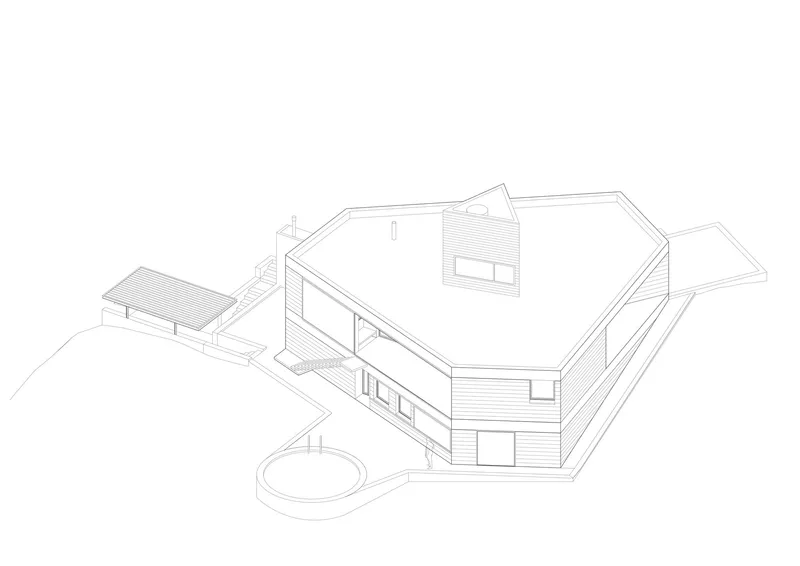 Axonometric drawing showing pentagonal building with central courtyard, circular pool, and auxiliary covered structure