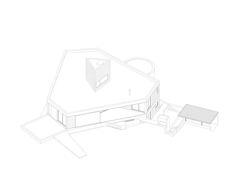 Axonometric drawing from opposite angle revealing interior staircase, glazed walls, and separate covered pavilion structure