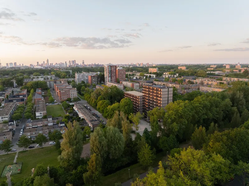Aerial view of the residential tower among tree canopy and low-rise housing at sunset