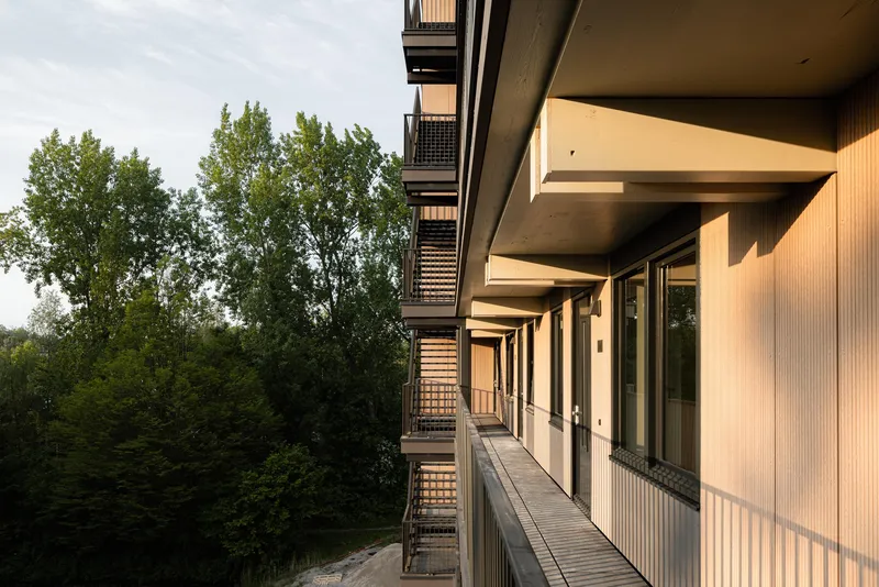 Recessed balcony corridor with concrete slabs and ribbed timber privacy screens overlooking green trees