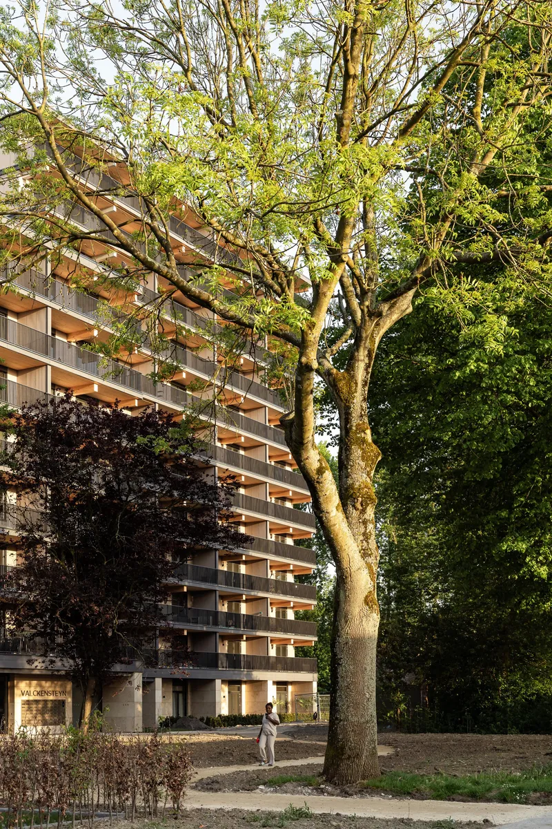Apartment tower viewed through dense foliage with two figures walking on the gravel path