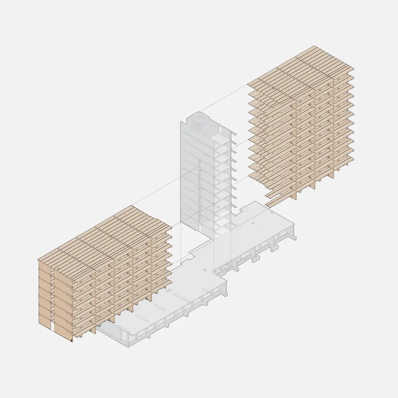 Exploded axonometric drawing showing timber floor slabs and central concrete circulation core