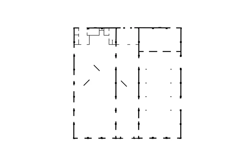 Floor plan drawing showing the open layout with diagonal partition walls and adjacent storage areas
