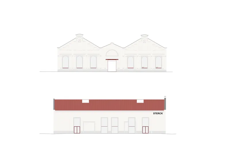 Elevation drawings showing the pediment facade above and red corrugated metal roof on the rear below