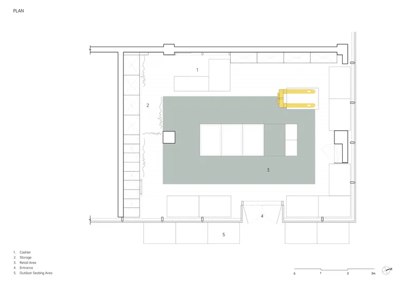 Floor plan drawing showing central retail area surrounded by storage and seating zones