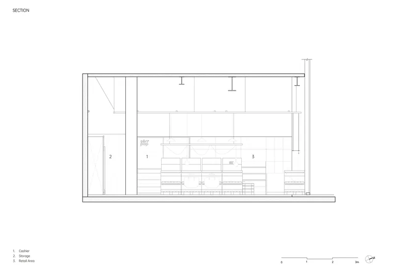Section drawing showing interior elevation with storage wall and retail display shelving