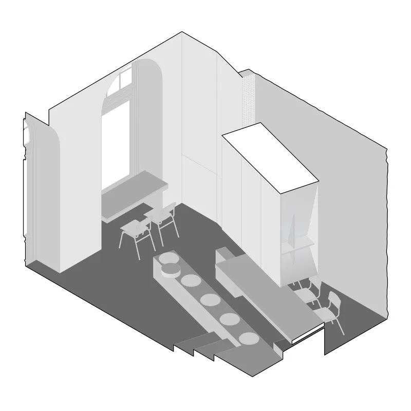 Axonometric drawing showing seating area with skylight and stepped floor levels