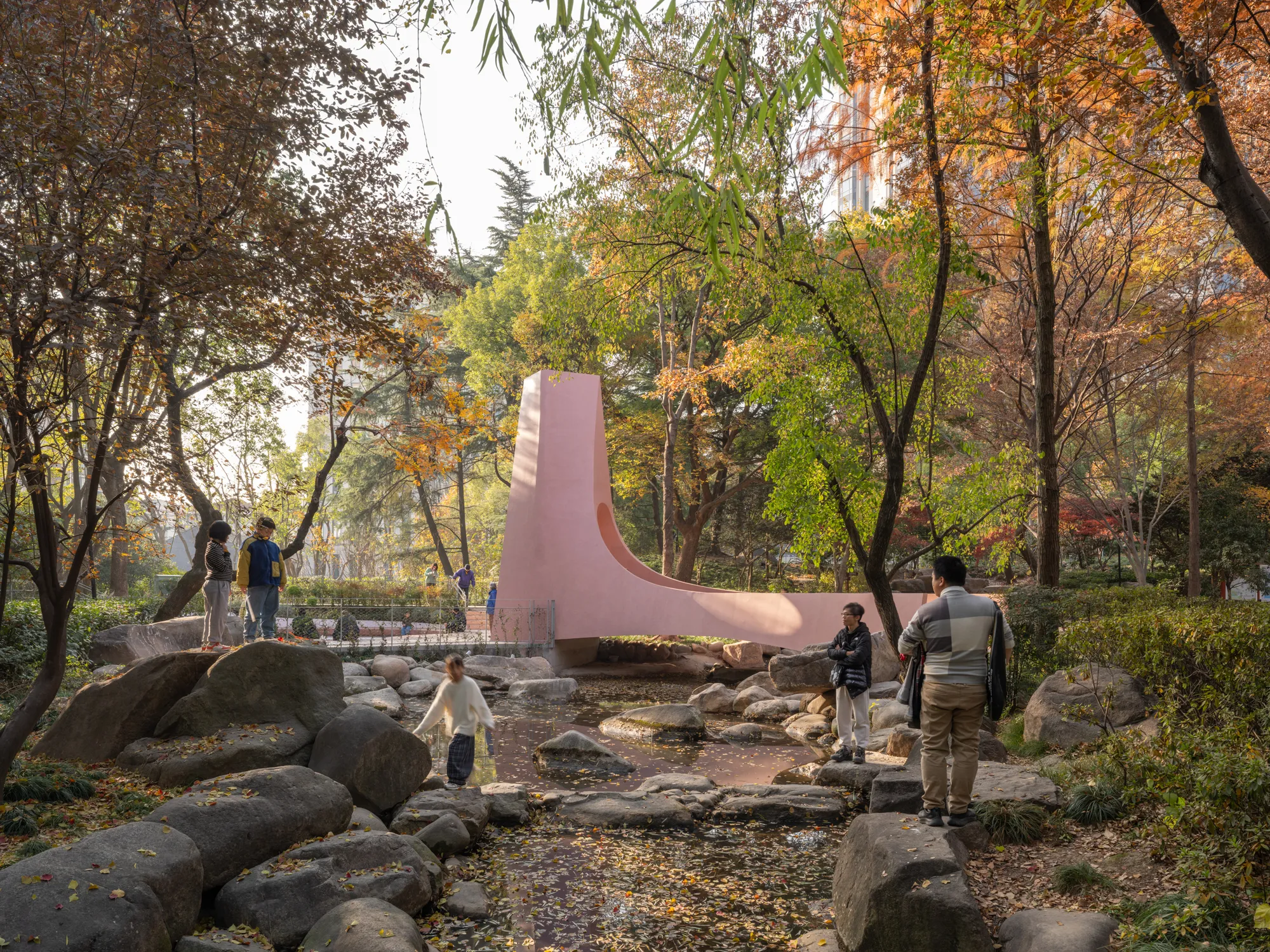 HCCH Studio Builds a Pink Concrete Bridge That Doubles as a Wedding Pavilion in a Shanghai Park