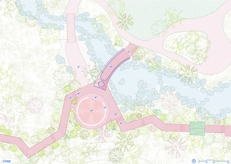 Site plan drawing showing a circular pavilion with radiating paths, water body, and surrounding tree planting