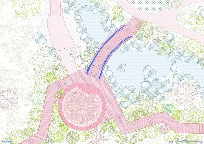 Site plan drawing depicting a round structure with curved access routes and adjacent pond with vegetation