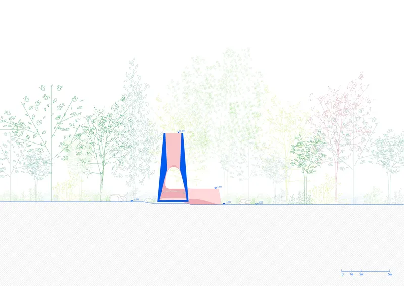 Elevation drawing of a tapered pink structure with blue vertical elements set among deciduous trees