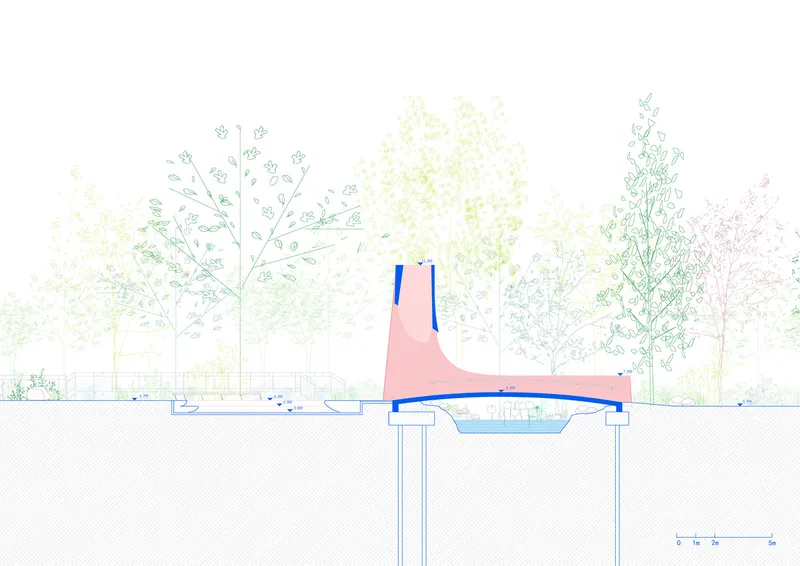 Section drawing revealing subterranean chamber beneath a sloped pink form with twin blue towers above grade