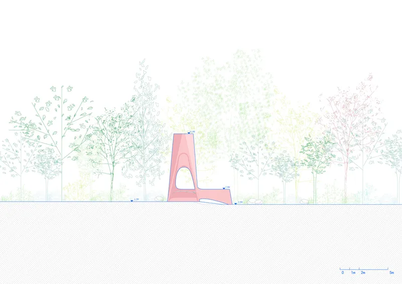Elevation drawing showing the angled pink pavilion with arched opening framed by trees in varied foliage