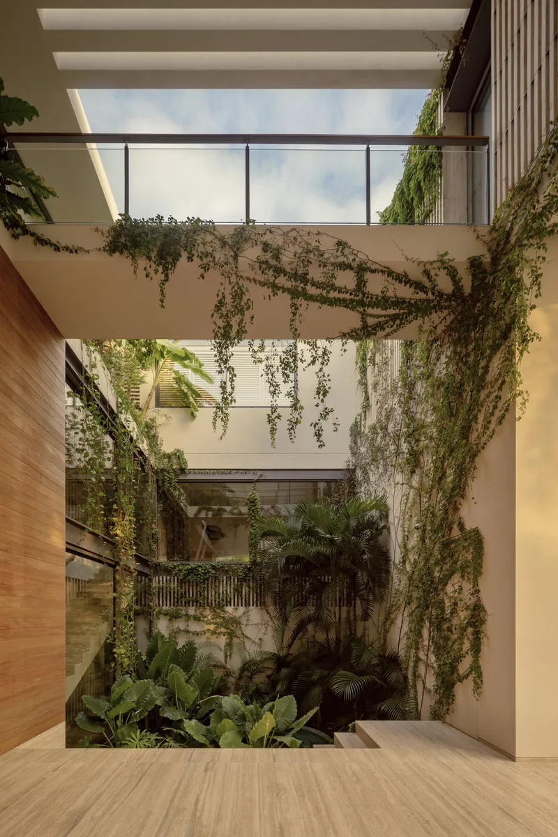 Interior courtyard with climbing greenery descending from skylit upper levels and planted beds below