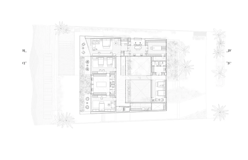 Upper floor plan drawing showing bedroom suites arranged around central void with surrounding planting