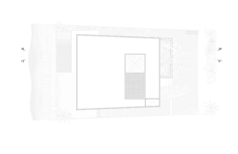 Site plan showing a rectangular volume with central courtyard and textured paving surrounded by trees