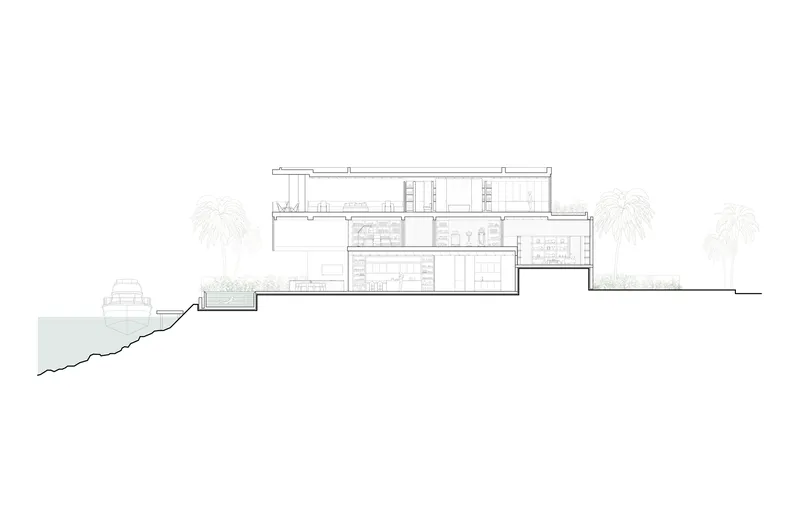 Section drawing showing a terraced structure stepping down a sloped site with palm trees