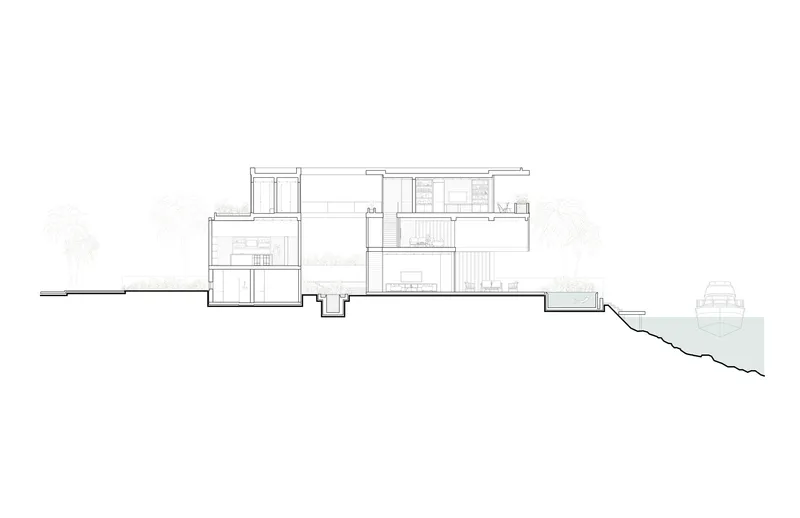 Section drawing showing interior levels and room configurations stepping up a hillside
