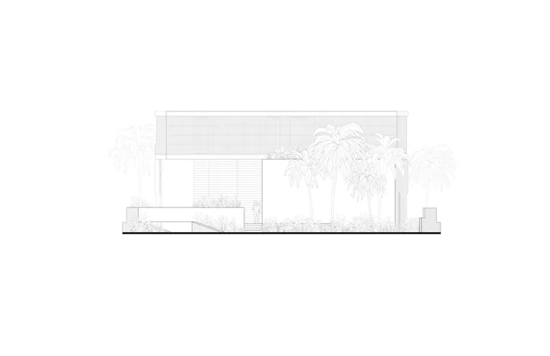 Elevation drawing showing horizontal louvered screens and a planted bed with palm trees