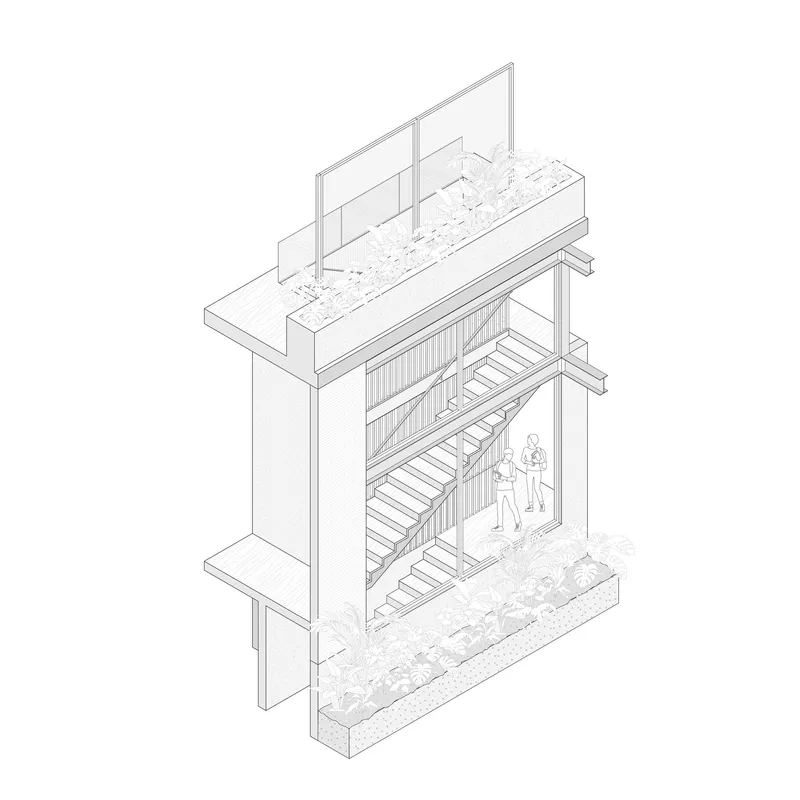 Isometric cutaway showing a timber staircase with figures and planted beds at multiple levels