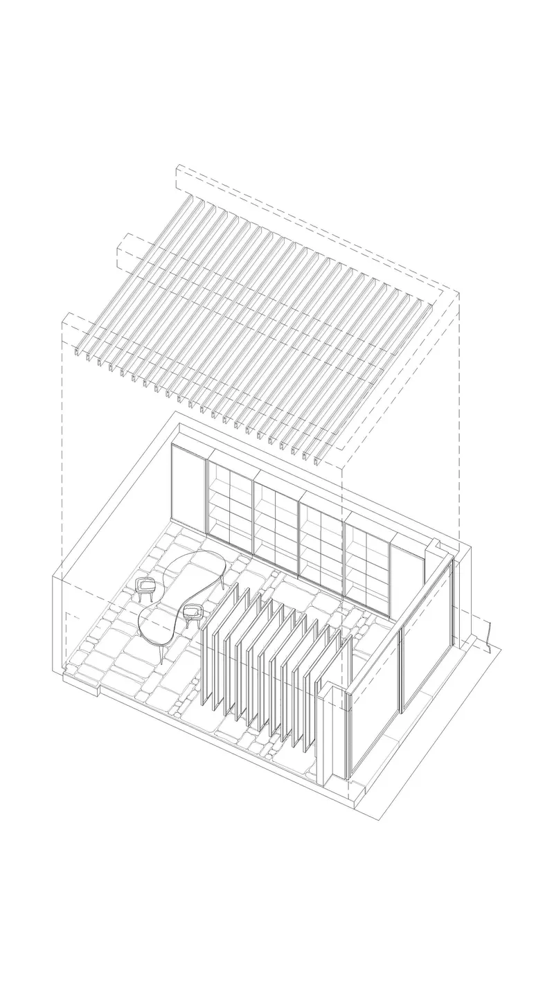 Axonometric drawing revealing a two-story interior with slatted roof louvers and vertical columns
