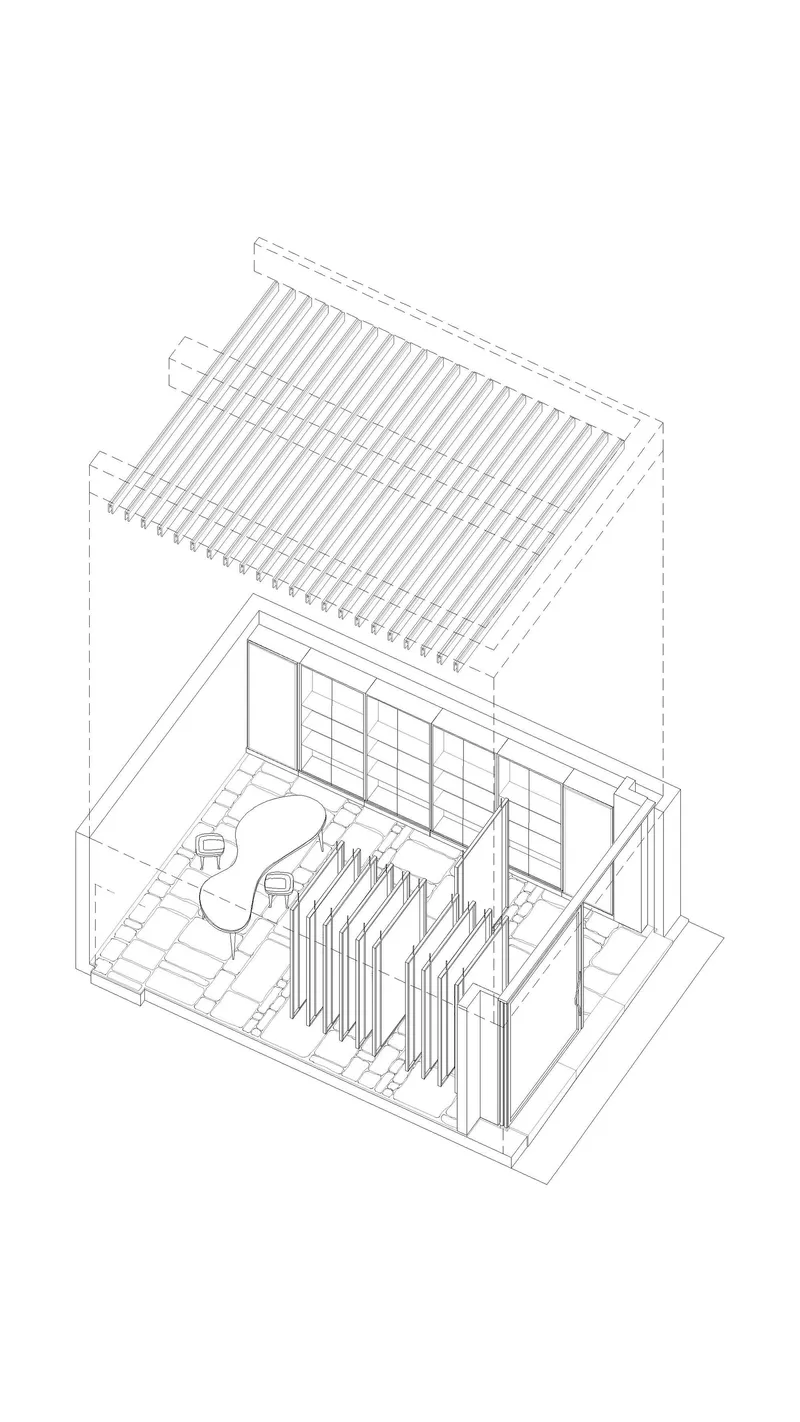 Axonometric drawing showing the exploded view of roof slats above a gridded facade and courtyard