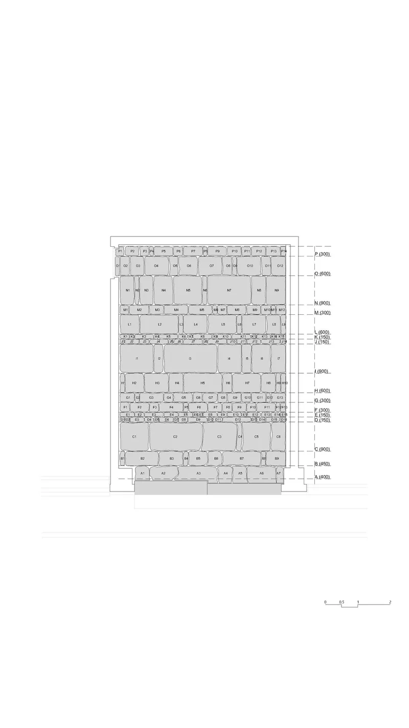 Elevation drawing showing a multi-story facade with rectangular window openings and labeled floor heights