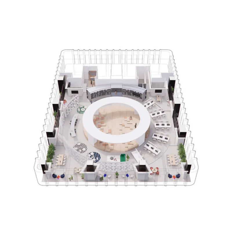 Axonometric cutaway of the office floor with circular atrium, peripheral workspaces, and potted greenery