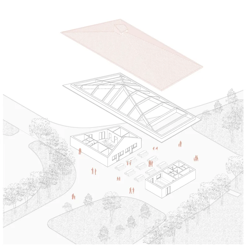 Axonometric drawing showing roof structure, timber framing, interior volumes, and figures on surrounding plaza