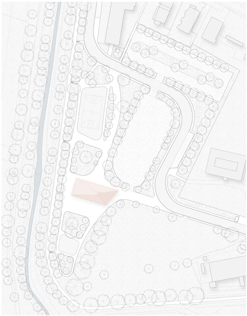 Site plan drawing showing curving pathways, tree-lined streets, and building footprints within a landscaped area