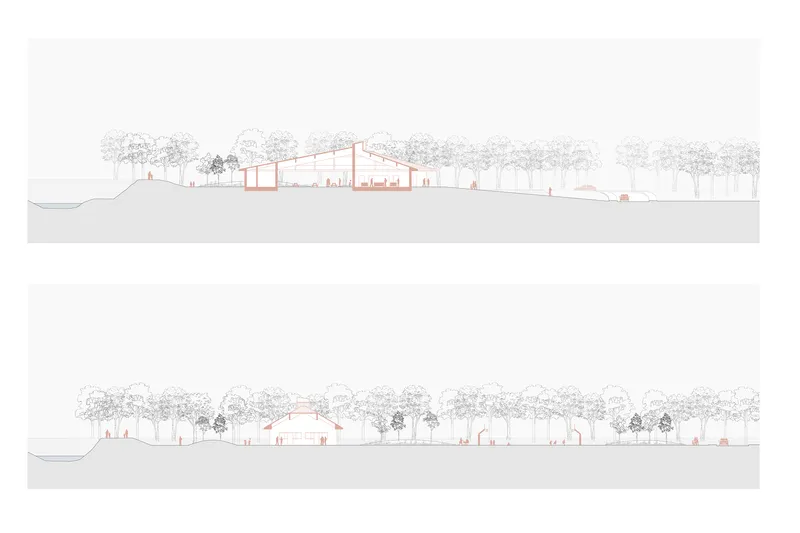 Elevation drawings showing two building profiles with arched roofs set among rows of trees on sloping terrain