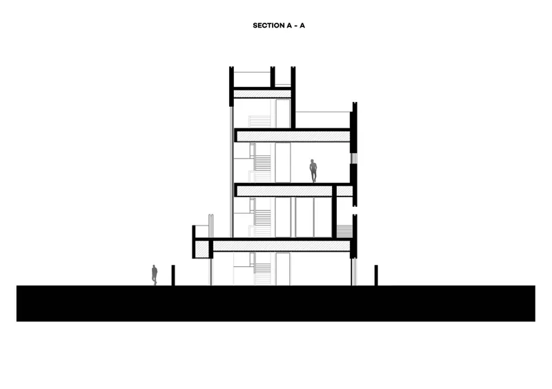Section drawing showing three stacked levels with figures at ground and upper terrace