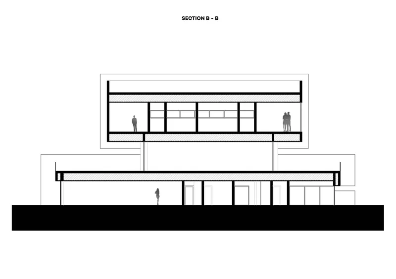 Section drawing showing stacked volumes with cantilevered roof and human figures for scale