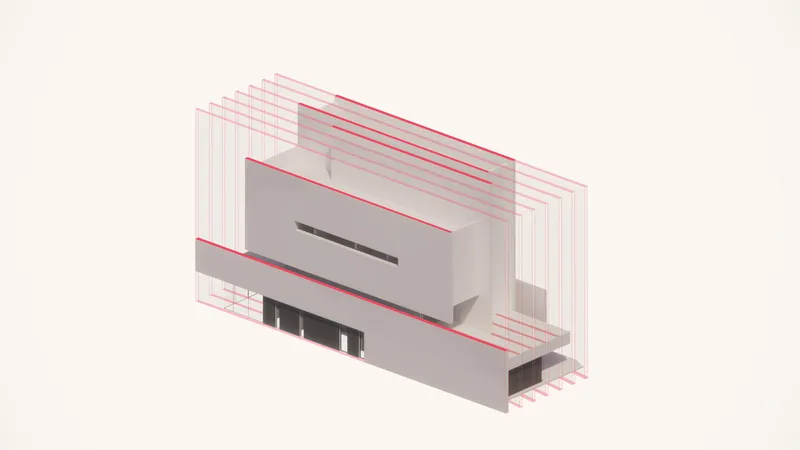 Axonometric diagram showing layered roof planes highlighted in red over a rectangular volume