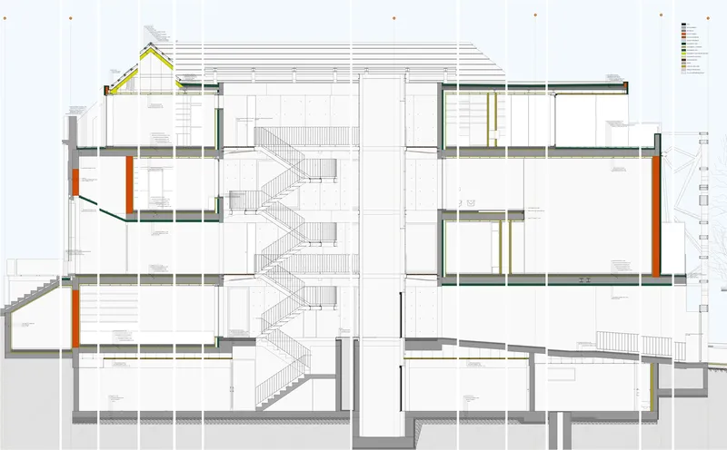 Section drawing showing multi-story interior spaces with staircases, floor slabs, and orange accent walls