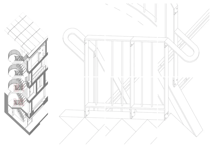Axonometric and detail drawings of a timber-framed facade module with balconies and structural bracing