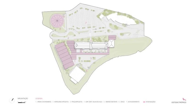 Site plan drawing showing irregular boundary with building footprints and landscape zones