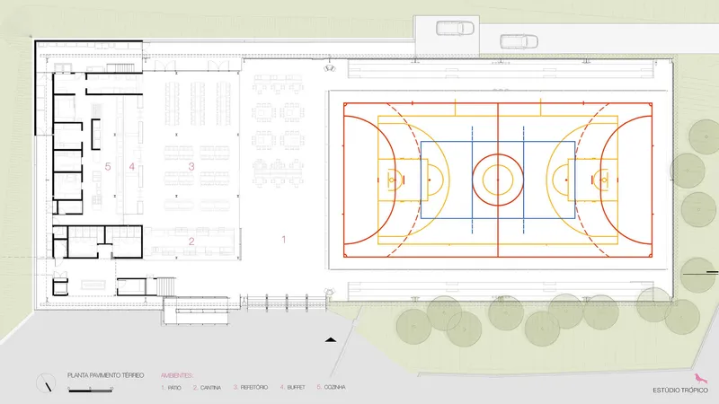 Ground floor plan drawing showing basketball court with adjacent support rooms and tree row