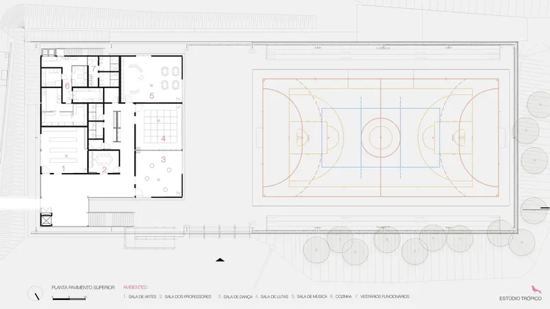 Upper floor plan drawing showing rooms flanking the full-length basketball court with surrounding trees