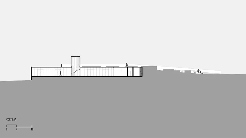Section drawing through the sloping site revealing interior spaces with human figures for scale
