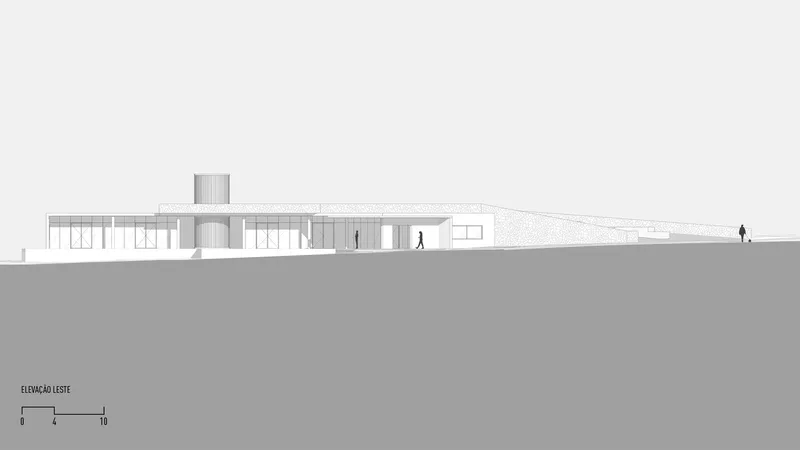 East elevation drawing showing the horizontal bar with central tower on a sloping grade