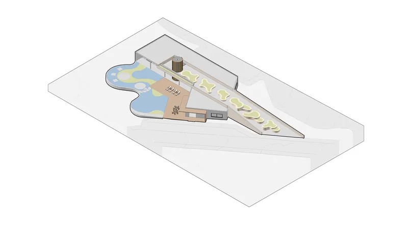 Axonometric drawing showing a curved pool alongside covered seating and a linear row of planters