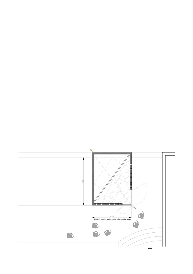 Site plan drawing showing a rectangular structure with diagonal internal bracing and surrounding landscape elements
