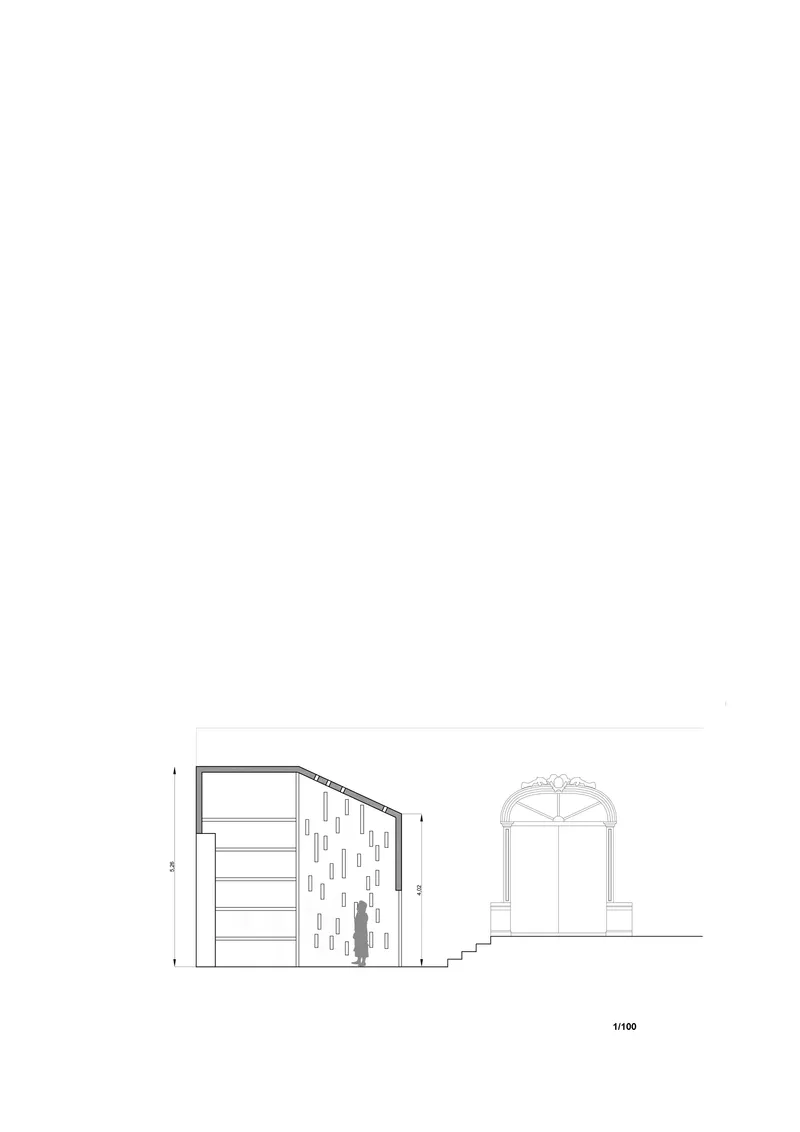 Section drawing revealing interior spaces with stepped levels and an arched doorway to the right