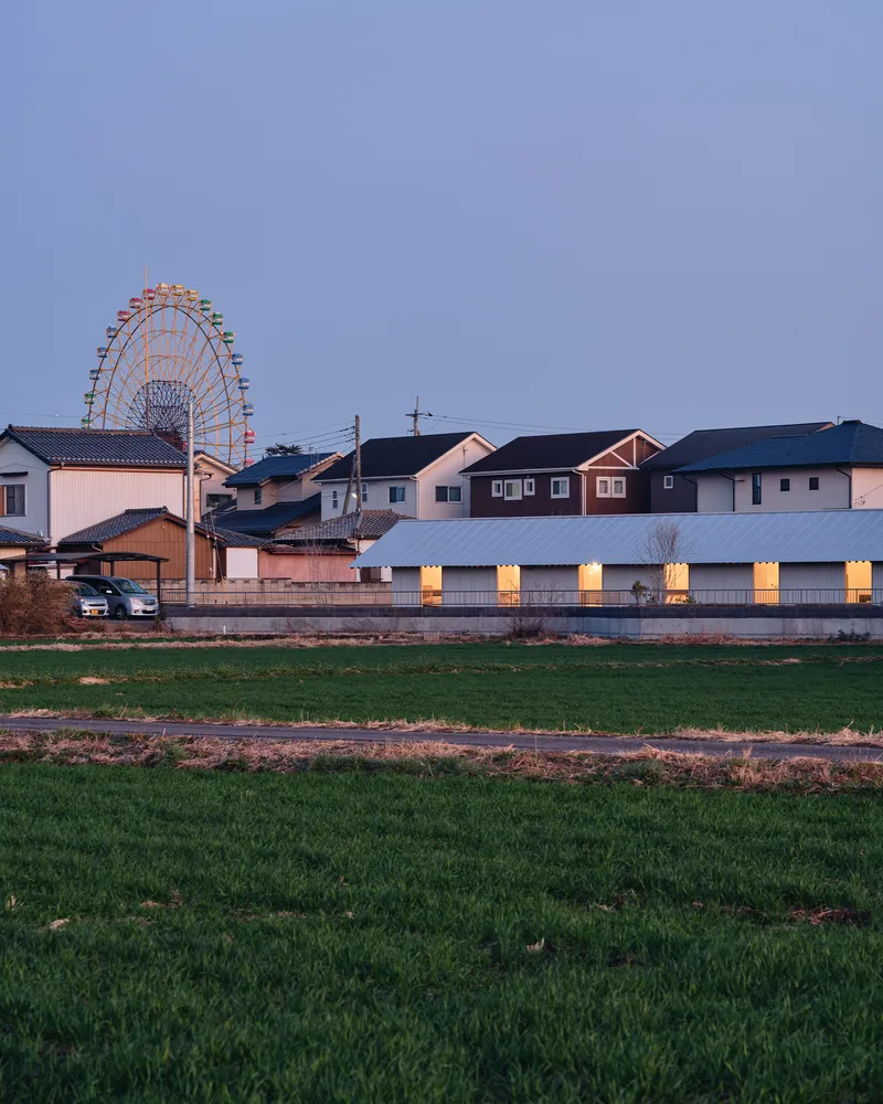 Long facade with evenly spaced illuminated openings viewed across a field at dusk with a ferris wheel behind