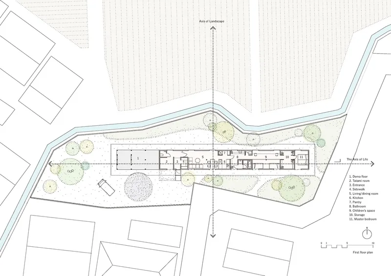 Floor plan drawing showing the linear layout with landscaped areas and surrounding agricultural context