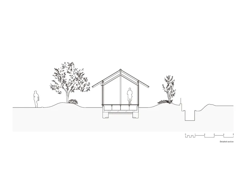 Section drawing showing a pitched-roof volume on concrete plinth with two figures and surrounding trees