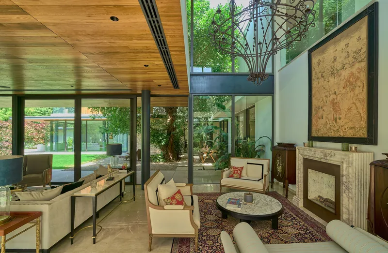Double-height living room with timber ceiling and glass walls overlooking internal courtyard with mature tree