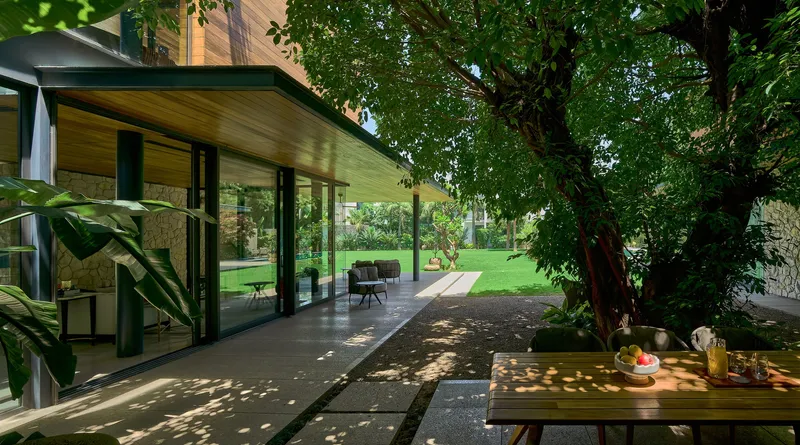 Covered terrace with timber ceiling extending over concrete pavers and lawn beneath dappled tree shade